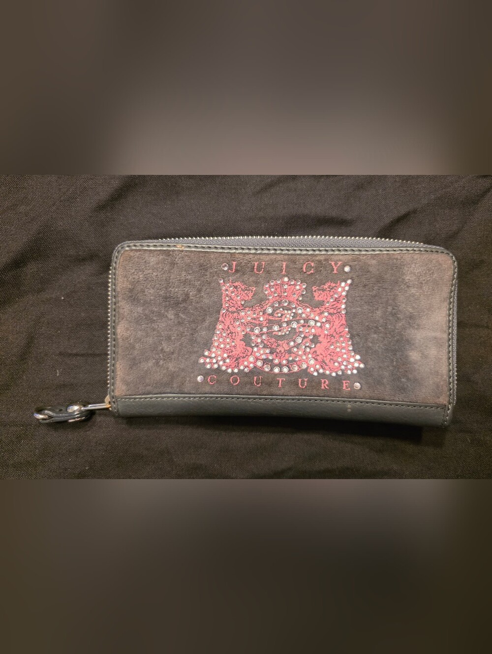 Juicy Couture Black Velvet Cosmetic Pouch with Pink Rhinestone Crest